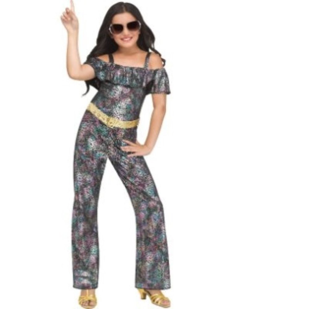 Disco Diva 70's Halloween Costume 10/12 Shimmering Jumpsuit & Belt Girls 2 Pc